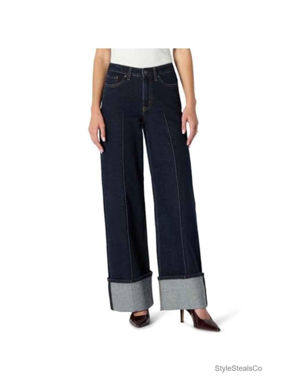 High-Rise Wide Leg Cuffed Jeans Low Stretch Denim Pintuck Detail